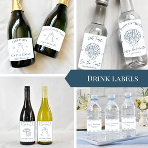 Op de afbeelding: Set bedrukbare dranklabels voor een vrijgezellenfeest. De labels hebben een strandthema met schelpen, glazen en de tekst "Laatste toast aan de kust".