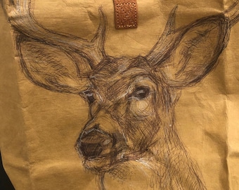 Deer lunchbox, made out of recycled, deer bag, paper, artwork, drawing, Art on bag, art bag.