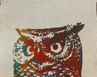 Screenprinted Owl patch 73, owl, multicolor print, screenprint on canvas, colorful print, silkscreened