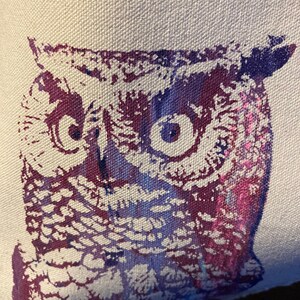 Screenprinted Owl patch 76 owl, multicolor print, screenprint on canvas, colorful print, silkscreened image 1