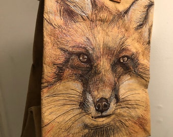 Fox lunchbox, made out of recycled paper, artwork, drawing, Art on bag, art bag.