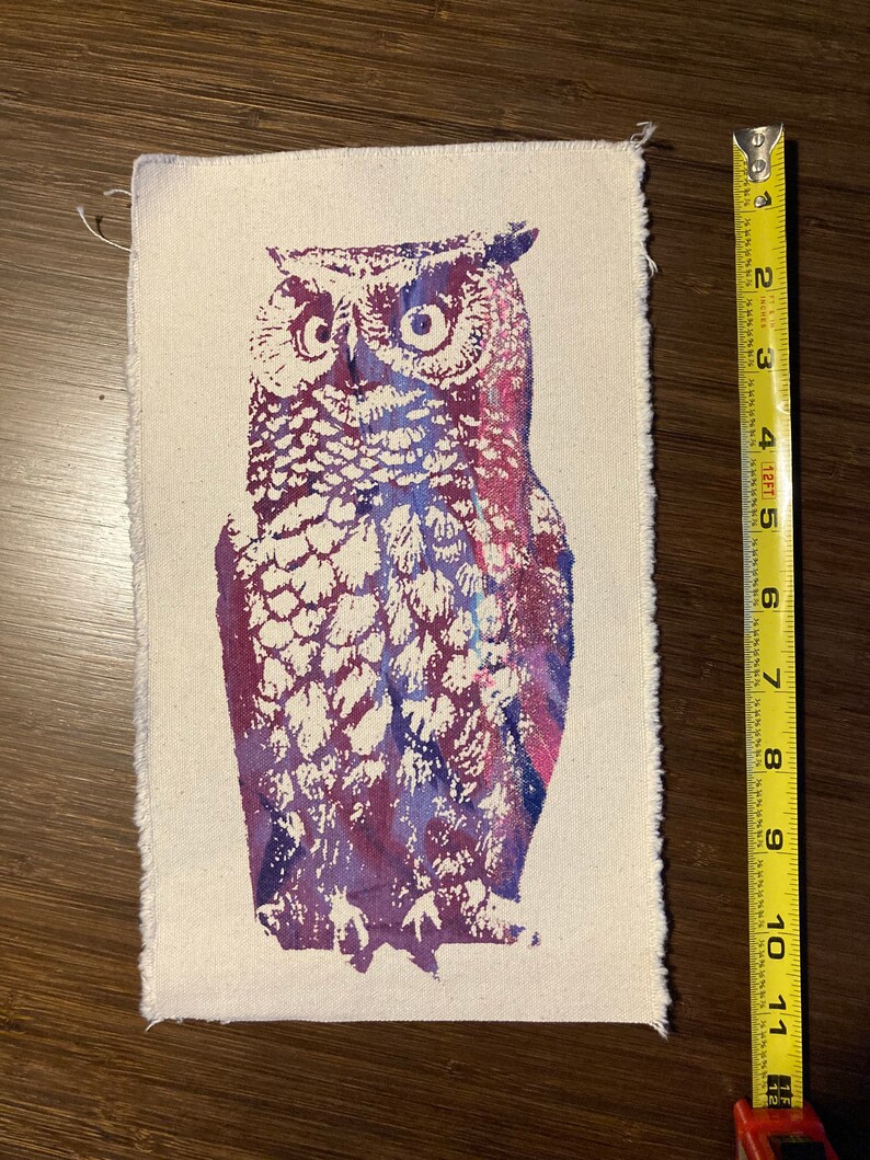 Screenprinted Owl patch 76 owl, multicolor print, screenprint on canvas, colorful print, silkscreened image 3
