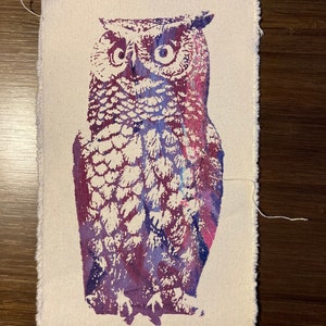 Screenprinted Owl patch 76 owl, multicolor print, screenprint on canvas, colorful print, silkscreened image 5