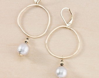 21st Birthday Gift, Gray Pearl Earrings, Modern Hoop Earrings, Open Circle Hoop Earrings, Date Night Earrings
