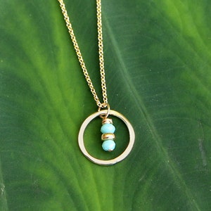 Petite Turquoise Crystal Circle Pendant: Simple Chic Gold Necklace for Artisan Jewelry Lovers