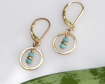 Tiny Turquoise Crystal Earrings, Little Open Circle Earrings, Gold and Turquoise Earrings