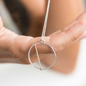 Organic Two-Tone Circle Pendant Necklace: Sterling Silver Dainty Chain, Edgy Handmade Jewelry