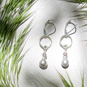 Sterling Silver Earrings, Handmade Circle with Freshwater Pearl Drop, Small Drop Earrings, Gemstone and Pearl Earrings