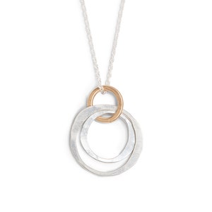 Three Circles Mixed Metal Necklace, Simple Circles Necklace, Handmade Hammered Wire Necklace