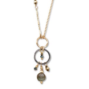Elegant Iridescent Labradorite Circle Pendant Necklace - Gold and Black Gemstone Artisan Jewelry
