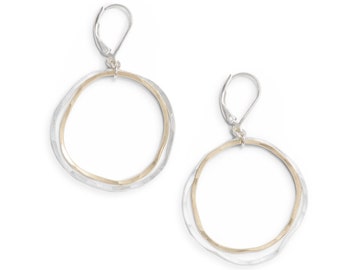 Double Circle Earrings, Hammered Gold & Silver Leverback Hoops, Handmade Minimalist Medium Statement Earrings, Sterling Silver Jewelry Gift