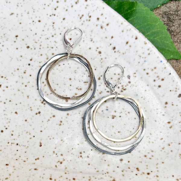 Mixed Metal Hoop Earrings, Oxidized Sterling Silver and Gold Filled