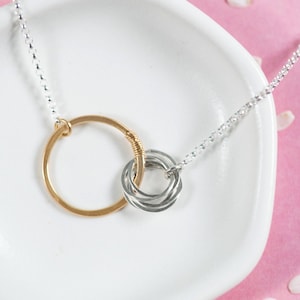 May include: A silver chain necklace with a gold circle pendant and a smaller silver circle pendant. The necklace is on a white dish with pink flower petals scattered around it.