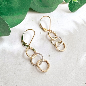 Elegant Mixed Metal Linked Circle Earrings: Lightweight Dainty Silver & Gold Drop Jewelry