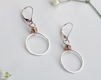 Sterling Silver Circle Earrings Minimal Earrings Silver & Gold  Gift for Mom Dainty Handmade Jewelry Drop Dangle Earrings hammered jewelry