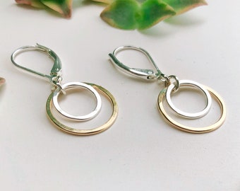 Circle Earrings, Gold and Silver Mixed Metal Earrings, Dangle Earrings with Leverback, Handmade Gift for Mom