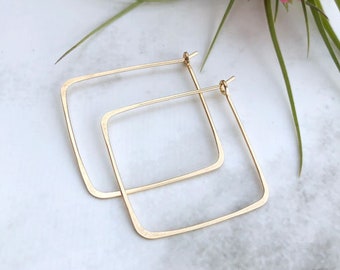 Dainty Minimal Earrings, Hammered Hoops Minimalist Square, Sterling Silver Hoops, Gold Hoops Geometric Earrings Large Statement Gift Ideas