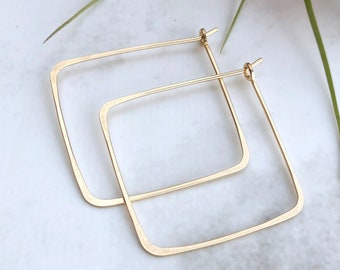 Square Hoops, Simple Geometric Hoops, Hammered Wire Earrings, Birthday Gift, Dainty Hoops, Thin Hoop Earrings, Minimalist Trending Now