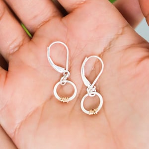 Dainty Two-Tone Open Circle Earrings: Inspirational Survivor Gift, Silver & Gold Wire-Wrapped Jewelry