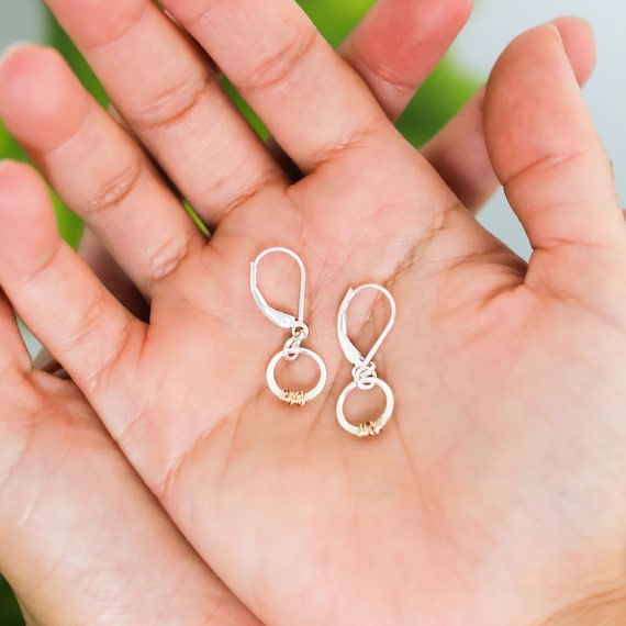 Dainty Two-Tone Open Circle Earrings: Inspirational Survivor Gift, Silver & Gold Wire-Wrapped Jewelry