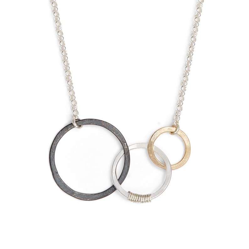 Mixed Triple Linked Circles in Gold Black and Silver, Wear Your Story Necklace, Past Present Future Necklace, Linked Mixed Rings Necklace image 2