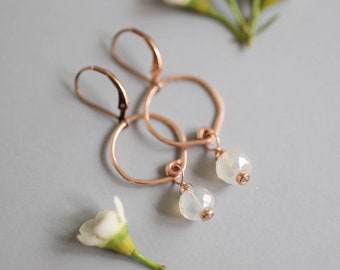 Rose Gold Drop Earrings, Geometric Moonstone Earrings, Rose Gold Dangle Earrings