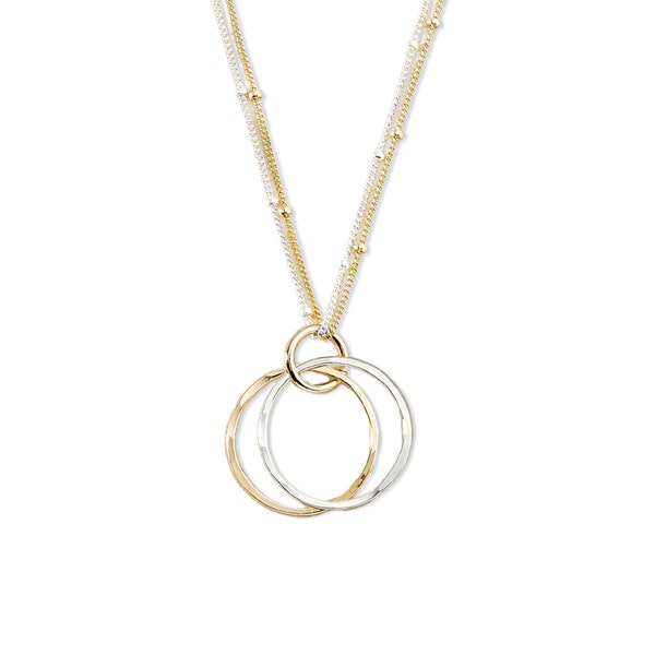 Elegant Gold Necklace, Linked Circles Pendant, Layered Chains in sterling silver and gold filled, Mixed Metal necklace, adjustable length