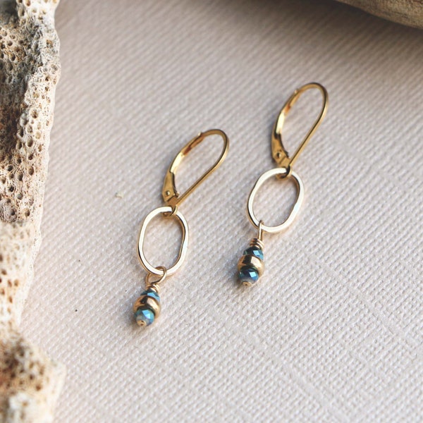 Minimal Dainty Earrings, Hammered Gold & Blue Crystal Tiny Drop Earrings, Small Gold Dangle Earrings,