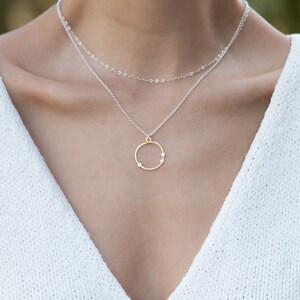 Small Dotted Circle Pendant Necklace, Mixed Metal Circle Jewelry, Silver and Gold Pendant image 3