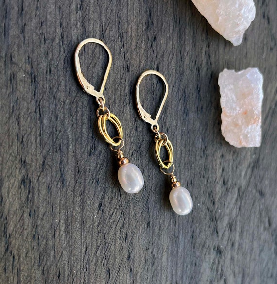 Oval Pearl Drop Earrings White Freshwater Pearl Gold Bridesmaid