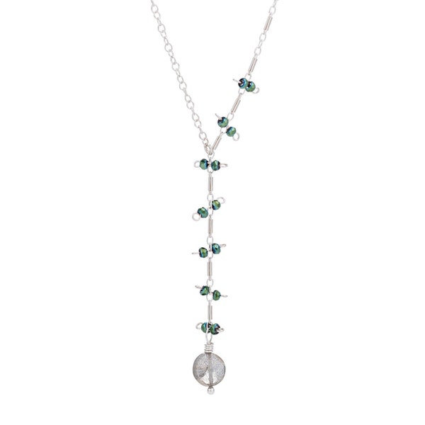 Labradorite and Silver Y Necklace, Labradorite and Crystal Jewelry, Modern Gemstone Necklace, Long Neckline Necklace, Minimal Elegance
