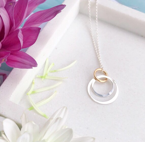 Collier En Argent Massif Avec Zirconiums - Motif Cercles Entrelacés - Chaîne Pendentif Occasion