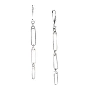 May include: A pair of silver-toned drop earrings. Each earring features a series of elongated, open oval links connected by small rings. The earrings have a lever-back closure. The design is simple and modern, suitable for everyday wear or special occasions.