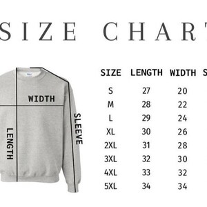 Puede incluir: Tabla de tallas para una sudadera con medidas en pulgadas para la longitud, el ancho y la longitud de la manga. Las tallas van de la S a la 5XL.