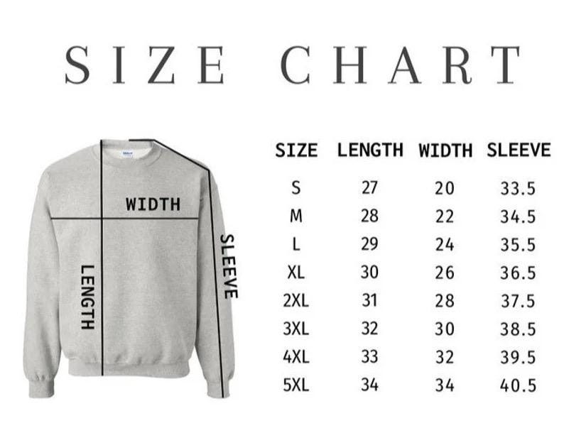 Puede incluir: Tabla de tallas para una sudadera con medidas en pulgadas para la longitud, el ancho y la longitud de la manga. Las tallas van de la S a la 5XL.