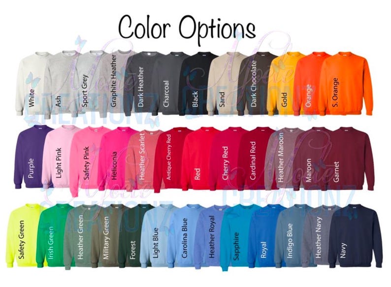Puede incluir: Una tabla con 36 opciones de color diferentes para sudaderas. Los colores est&aacute;n dispuestos en tres filas de 12 colores cada una. Los colores incluyen blanco, ceniza, gris deportivo, gris jaspeado grafito, gris jaspeado oscuro, carb&oacute;n, negro, arena, chocolate oscuro, dorado, naranja, naranja de seguridad, morado, rosa claro, rosa de seguridad, heliconia, escarlata jaspeado, rojo cereza antiguo, rojo, rojo cereza, rojo cardenal, marr&oacute;n jaspeado, marr&oacute;n, granate, verde de seguridad, verde irland&eacute;s, verde jaspeado, verde militar, verde bosque, azul claro, azul Carolina, azul real jaspeado, zafiro, azul real, azul &iacute;ndigo, azul marino jaspeado y azul marino.