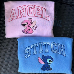 Stitch and Angel Embroidered Sweatshirt, Angel sweatshirt, Stitch Sweatshirt, Couples Sweatshirt, valentines day gift, matching sweatshirts