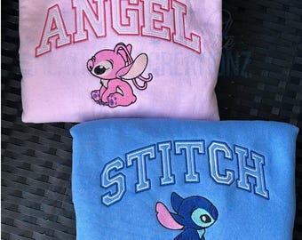 Stitch and Angel Embroidered Sweatshirt, Angel sweatshirt, Stitch Sweatshirt, Couples Sweatshirt, valentines day gift, matching sweatshirts