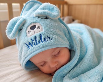 Besticktes Baby-Kapuzenhandtuch, niedliches Tierdesign, personalisiertes Badetuch für Neugeborene und Kinder, Babypartygeschenk