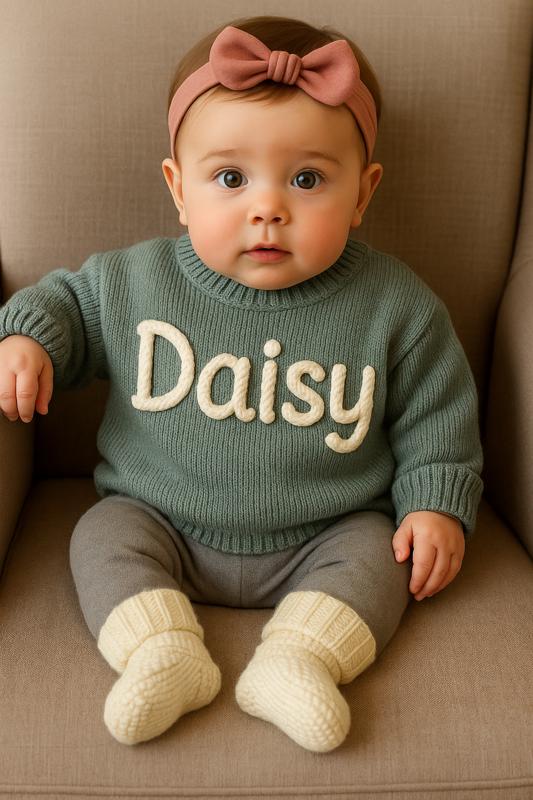 Custom Baby Name Sweater Hand Embroidered Knit for Girls or Boys, Personalized Baby Gift, Baby Sweater, Custom Baby Sweater