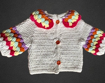 Baby Girl Cardigan Sweater-Colorful Sleeve and Collar Detail Embroidered Sweater, Baby Girl Clothes, Knitted Cardigan