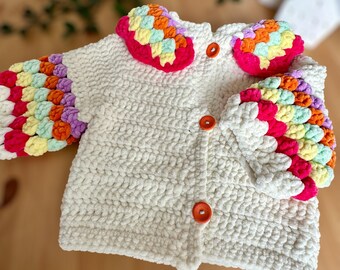 Baby Girl Cardigan Sweater-Colorful Sleeve and Collar Detail Embroidered Sweater, Baby Girl Clothes, Knitted Cardigan