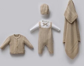 Babyset, nieuwe babycadeau, babyjongen, pasgeboren cadeau, nieuwe babygeschenkdoos, babymand, kraamcadeau, luxe cadeau, gebreide babyoutfit set met