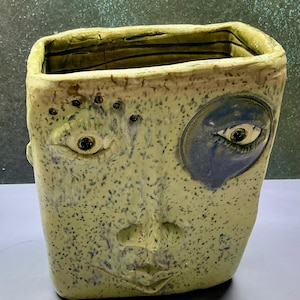 May include: A handmade ceramic vase with a face design. The vase is a light green color with dark blue speckles and a blue eye. The face has a nose, mouth, and an eye on the left side. The vase is rectangular with a square opening.