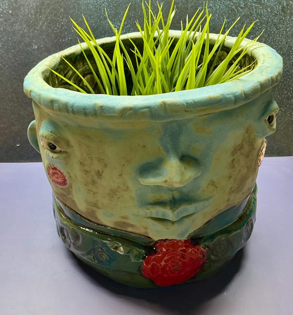 Large Face Planter - Matte Blue with Speckled Red Flower -  (Free US Shipping)