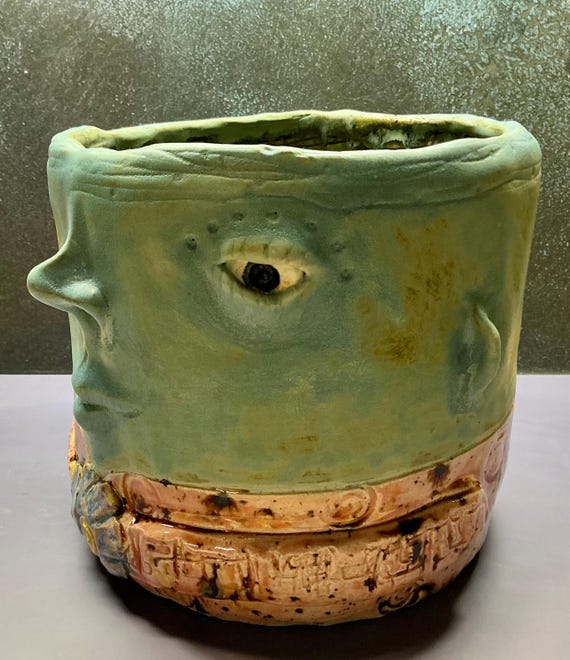 Large Face Planter - Matte Blue with Speckled Orange Body -  (Free US Shipping)