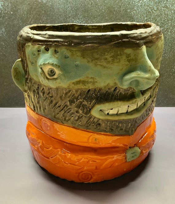 Large Face Planter -  Beardy Guy with Matte Blue with Orange Body -  (Free US Shipping)