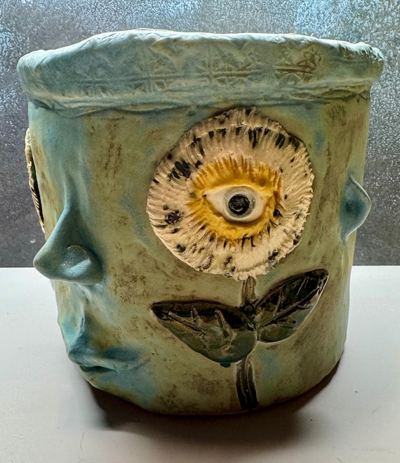 Large Face Planter - Matte Blue with Flowers  -  (Free US Shipping)