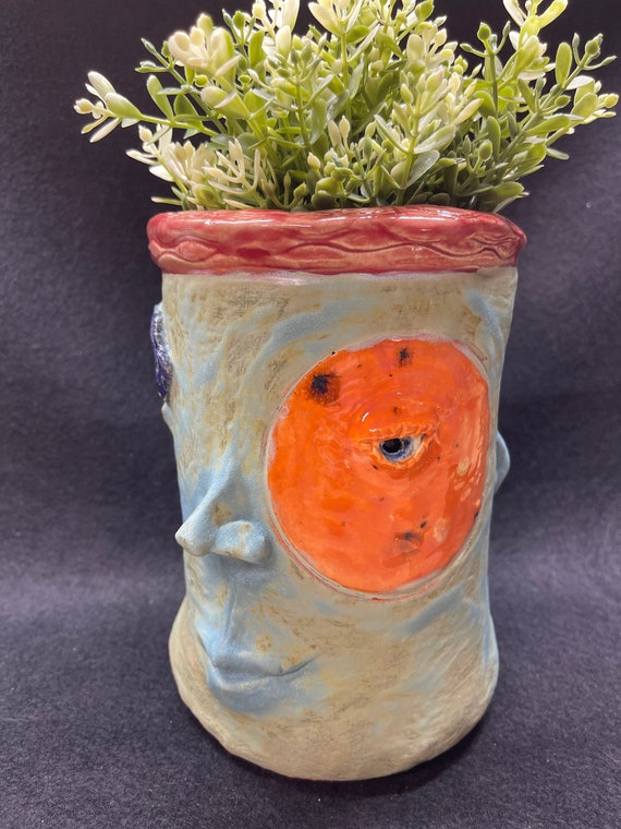 Medium Face Planter - Antique Blue Glaze with Orange and Purple Accents  (Free US Shipping)