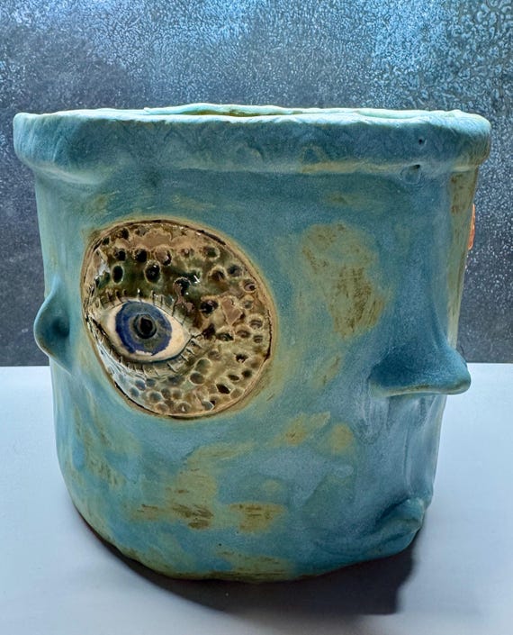 Large Face Planter - Matte Blue with Orange Eyelashes  -  (Free US Shipping)